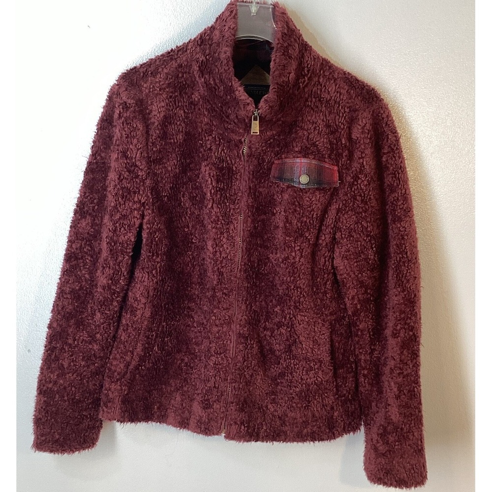 Pendleton Jacket Women Medium Burgundy High Pile Fleece Wool Plaid Lining Medium